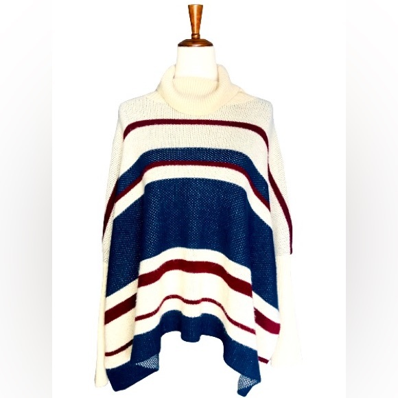 Hyfve Turtleneck Poncho Sweater in Tan, Navy Blue & Burgundy Red, Size S - Picture 1 of 5